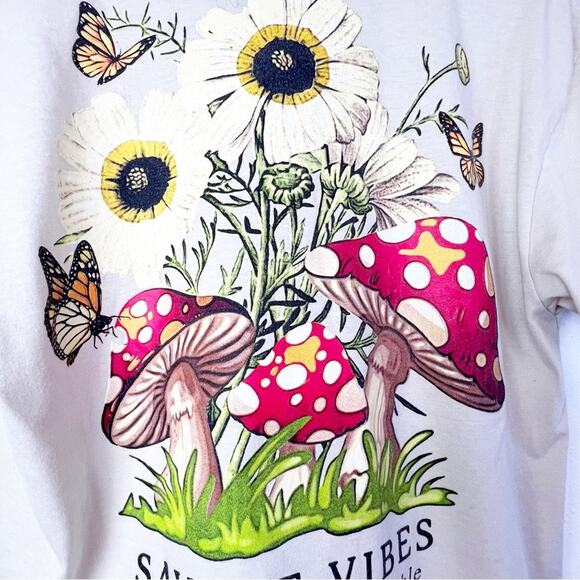 Weekend Warriors Tan Savage Vibes Mushroom Botanical Crop Tee Shirt Women Size L - Picture 7 of 13